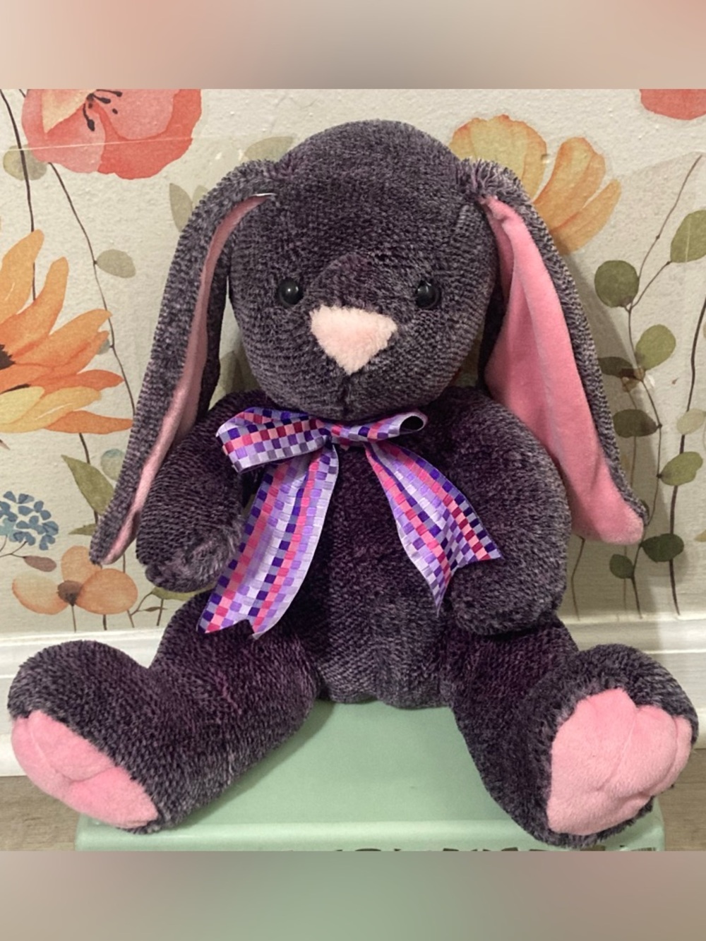 Vintage Plush Purple Bunny with Pink Accents and Patterned Bow